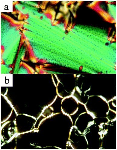 Microphotograph of the studied 5.6% Fe2O3 in 9HL, embedded into a commercial 6 μm thick cell. (a) A fan-shaped texture observed below the Iso–SmA phase transition; (b) homeotropic texture with birefringent bands. Both textures coexist in different parts of the cell. The width of the photograph is 120 μm.