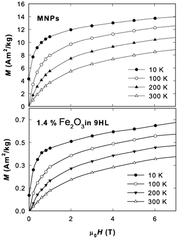 Magnetization isotherms at selected temperatures for the MNPs and the sample containing 1.4% of Fe2O3 in 9HL.