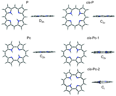 The optimised geometries of P and Pc, and their respective cis and trans-isomers, from which the absorption qualities were calculated.