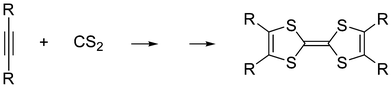 Reaction between acetylene and carbon disulfide (R: electron withdrawing group e.g. CF3).