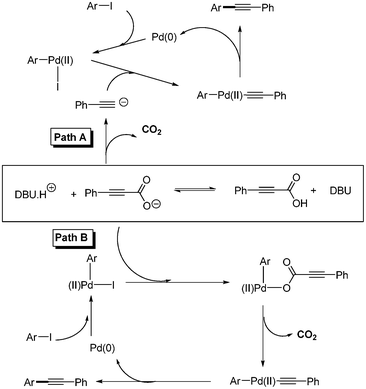 Two proposed possible pathways in the decarboxylative coupling reaction.