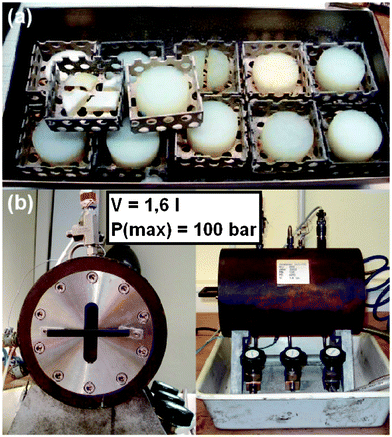 (a) Metal shell with aerogels (HS_33) after supercritical drying. (b) DLR-made autoclave for supercritical drying.