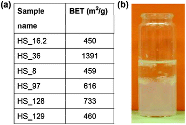 (a) BET surface area for silica aerogels. (b) Image of sol–gel transition of SiCl4 containing reaction mixture (sample HS_16.2).