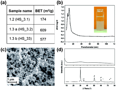 (a) BET surface area for zirconia aerogels. (b) BJH plot from zirconia aerogel sample HS_3.2. The inset showing the image of sol–gel transition of ZrCl4 containing reaction mixture (sample HS_3.2). (c) SEM pictures of silica aerogel sample HS_3.2. (d) Powder diffraction pattern from zirconia aerogel HS_3.1 as-prepared (upper figure), respectively heat-treated (lower figure). Peaks corresponding to tetragonal ZrO2 (JCPDS 01-080-0965) are marked with an asterisk.