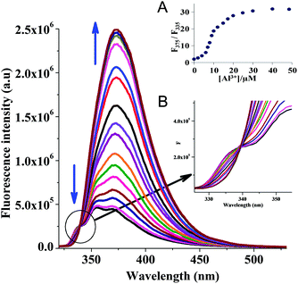 Fluorescent titrations (λex = 290 nm, slit widths 3/3) of chemosensor 1 (10 μM) with Al3+ (0 to 50 μM) in mixed aqueous–organic media (H2O–MeOH, 2 : 3, v/v, 1% DMSO as a cosolvent, pH = 7.0) at 25 °C. Inset A: ratiometric fluorescence intensity [F375/F335] as a function of Al3+ added. Inset B: a close-up of the isoemissive point.