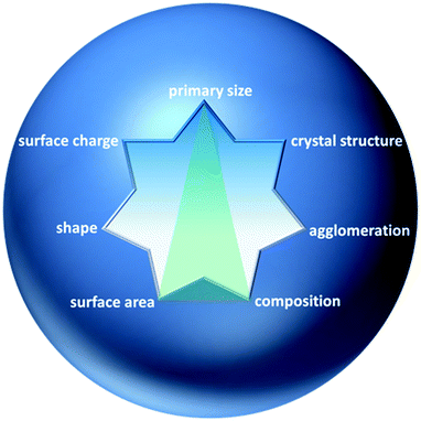 Some properties of NPs suggested as priority for toxicological studies by various authors.40 Green triangle: possible traceable properties of a multi-parametric reference material for nanotoxicology.