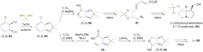 Stereodivergent synthesis of trihydroxyheliotridane acetonide (98) from the TDO-derived diol 94.