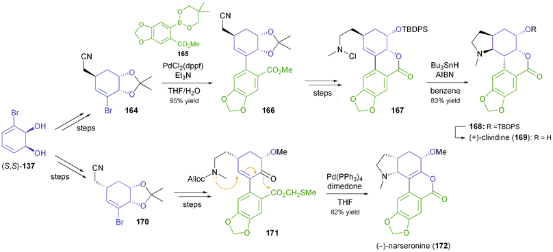 Synthesis of lycorenine-type alkaloids (+)-clividine (169) and (−)-narseronine (172) from TDO-derived diol 137.