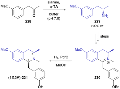 Synthesis of isoquinoline alkaloid 231via a combination of enzymatic transamination and catalytic imine hydrogenation.