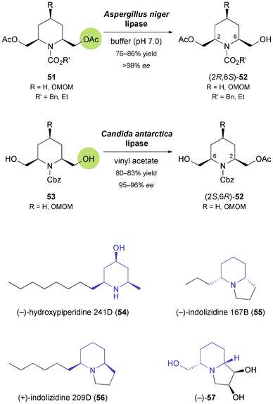 Biocatalytic preparation of both enantiomers of the 2,6-disubstituted piperidine building block 52, and examples of alkaloids prepared from this building block.