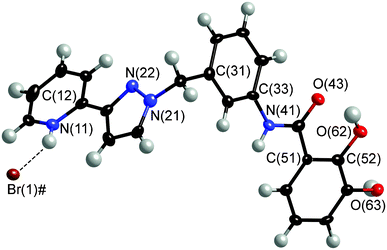 Molecular structure of H2L·HBr. Non-H atoms are shown with 40% thermal ellipsoids, the hydrogen-bond between the protonated pyridine and the bromide anion is shown with a dotted line. Atoms labeled ‘#’ are at equivalent position (−x, 1 − y, z).
