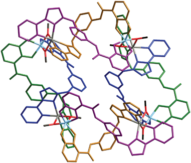 A view of the complete tetrameric assembly. The dinuclear double helicate units are shown with the atoms of each ligand coloured green/blue or purple/gold; Zn = grey; Ti = cyan; O = red; C = black.