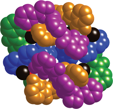 A space-filling view of the whole complex [Ti4Zn4L8(μ-OMe)8] with the bridging ligands coloured as in Fig. 3 (the individual dinuclear double helicate components are green/blue or purple/gold).