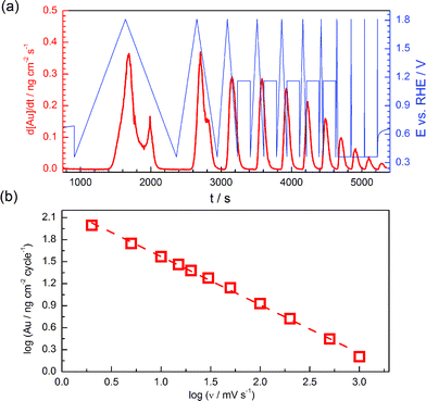 (a) Effect of scan rate on dissolution of gold during potential cycling between +0.4 and +1.8 VRHE. (a) Dissolution profile is presented together with potential transients (potential cycles followed by potential steps in case of high scan rates). (b) Dependence of gold dissolution amount on the scan rate presented on the log–log scale. Electrolyte: 0.1 M H2SO4.
