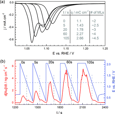 (a) Negative linear potential scans showing the reduction of gold oxides formed during anodization over various times. Charges obtained by integration of the cathodic peaks and corresponding number of gold oxide monolayers (assuming that one monolayer charge is 400 μC cm−2 and taking into account the roughness factor of the electrode of 1.45) are indicated in the table. (b) Corresponding dissolution profile, wherein the dotted lines correspond to the onset of gold oxide reduction. Scan rate during ramps: 10 mV s−1.