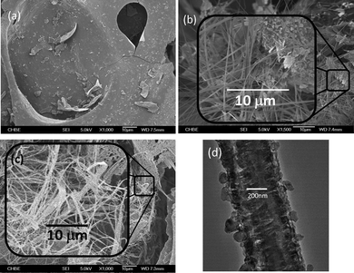 (a) Activated carbon flake; (b) pure N2 5 h; (c) N2–CO2 5 h; (d) TEM image of fibre from sample 1 (c).