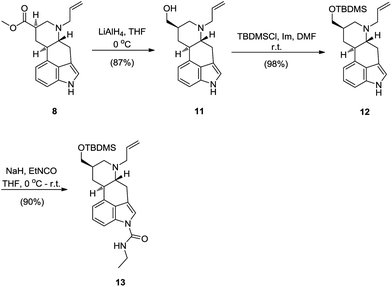 Synthesis of 13—introduction of an ethylcarbamoyl fragment onto the indole nitrogen of lysergol derivative 12.