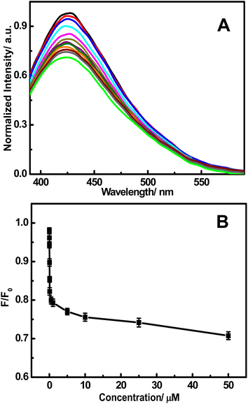 (A) The fluorescence responses of the FNCPs in a phosphate solution (25 mM, pH 7.4) after the addition of different concentrations of Hg2+ (top to bottom): 0, 0.010, 0.025, 0.050, 0.075, 0.100, 0.500, 1.00, 5.00, 10.0, 25.0, and 50.0 μM. (B) Plot of the F/F0 with the concentration of Hg2+.