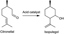 Intramolecular Prins cyclisation of citronellal.