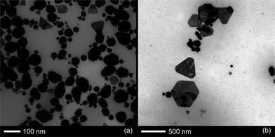 TEM images of particle growth in a mixture of cycloheptanone and HAuCl4. Samples were collected after around 2.5 hours of particle growth and show (a) a large variety of different particle sizes and (b) several types of thin plate.