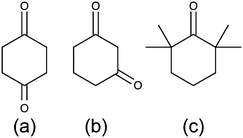 Structure of (a) 1,4-cyclohexanedione, (b) 1,3-cyclohexanedione and (c) 2,2,6,6-tetramethyl-cyclohexanone (TMC).