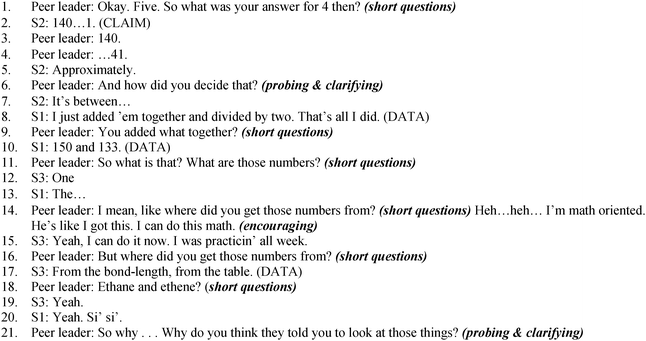 Segment of peer-led argument, from Lewis structures activity, in which peer leader verbal behavior codes are shown in bold italics and student argument component codes are shown in capital letters.