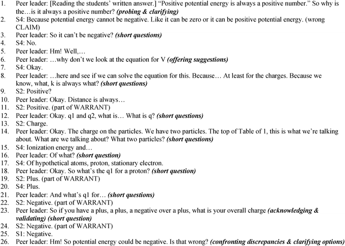 Peer-led argument segment, from Coulombic potential energy activity, in which peer leader verbal behavior codes are shown in bold italics and student argument component codes are shown in all capital letter.