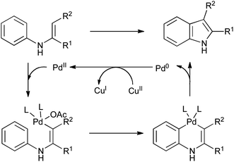 Mechanism of palladium(ii) mediated cyclization of N-aryl enamines.