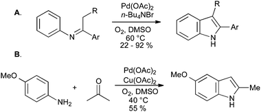 Oxidative cyclization of N-aryl imines into indoles.