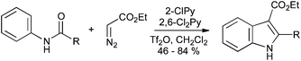 Synthesis of indole-3-carboxylates from anilides and ethyl diazoacetate.