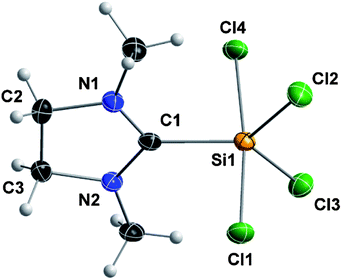 Crystal structure of compound 2 with the thermal ellipsoids set at 50% probability level. Selected bond lengths (pm) and angles (°): Si1–C1 192.8(3), Si1–Cl1 220.22(12), Si1–Cl2 207.27(11), Si1–Cl3 207.32(12), Si1–Cl4 221.39(12); N1–C1–N2 110.4(3), Cl1–Si1–Cl4 172.95(6), Cl2–Si1–Cl3 113.54(5).