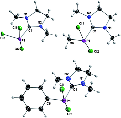 Crystal structures of 3a (top left), 3b (bottom) and 3c (top right) with thermal ellipsoids set at 50% probability level. For selected bond lengths and angles see Table 2.