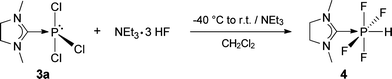 Chloride/fluoride metathesis and subsequent addition of HF to 3a.