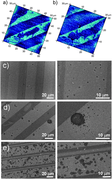 AFM images of the unirradiated patterns measured in water saturated with Ar (a and b). SEM images of the samples after different time of ultrasonic irradiation under argon flow: (c) 5 min, (d) 10 min and (e) 30 min. The hydrophobic stripes (bright regions) are impacted by collapsed cavitation bubbles.