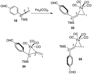 Regio- and stereoselectivity for complexation of allene 10 with Fe(CO)4.