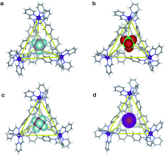 X-ray crystal structures of host–guest complexes. The approximately T-symmetric host structures are shown as schematic representations and the encapsulated guests as space-filling representations. The ΔΔΔΔ-enantiomer of each cage is shown; both enantiomers are present in each crystal structure. (a) [BF4⊂1-T]·7BF4·5.25MeCN·0.25Et2O, average Fe–Fe separation 12.6 Å and calculated volume 69 Å3. (b) [ClO4⊂1-T]·4ClO4·3OTf·4MeCN·2Et2O, average Fe–Fe separation 12.6 Å and calculated volume 74 Å3. (c) [PF6⊂1-T]·7PF6·9MeCN·3Et2O, average Fe–Fe separation 12.7 Å and calculated volume 87 Å3. (d) [I⊂1-T]·3I·3.5OTf·0.5NTf2·2MeCN·Et2O, average Fe–Fe separation 12.6 Å and calculated volume 66 Å3.