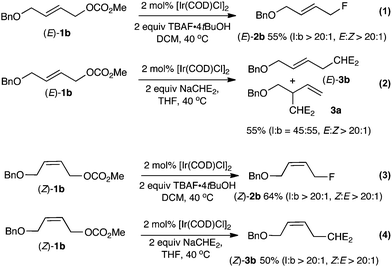 Reactivity of the linear allyl carbonate (E)-1b and (Z)-1b with TBAF·4tBuOH and with NaCHE2 (= NaCH(CO2Me)2).