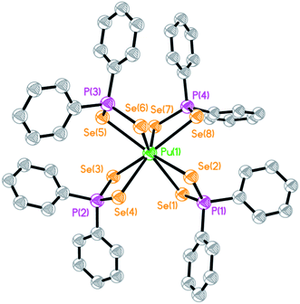 Solid-state structure of [Et4N][Pu(Se2PPh2)4] (7). The [Et4N]+ cation, lattice THF solvent, and hydrogen atoms are omitted for clarity. Thermal ellipsoids are shown at the 50% probability level. The CeIII analogue, 6, is isostructural.