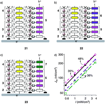 (a–c) Schematic structure of multicomponent systems. (d) Dependence of short circuit current densities (JSC) on light intensities (I) for SOSIP-TSE photosystems 1 (●), 21 (○), 22 (▲) and 23 (□) with bimolecular charge recombination efficiencies ηBR indicated in %.