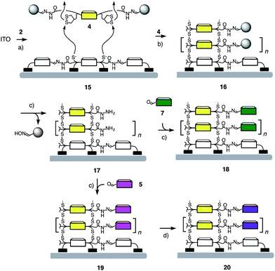 SOSIP-TSE protocol. (a) Initiator deposition and activation: (1) 3 mM 2 (or 1 mM 2a), DMSO, 1–2 days, rt; (2) 120 °C, 1 h; (3) 20 mM DTT, 100 mM aq. NH4HCO3, 1 h, rt. (b) SOSIP: 7 mM 4, CHCl3/MeOH 1 : 1, 100 mM DIPEA, 24 h, rt. (c) Stack exchange: (1) 1 M NH2OH·HCl, pH 3, 1 day, 40 °C; (2) 10 mM 7 (or 5), 10% AcOH, DMSO. (d) Zn(OAc)2, MeOH, 10 min.