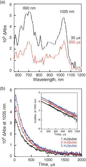 (a) Transient absorption spectra of H4–CPDPy(OC6) with Li+@C60 in deaerated PhCN at room temperature taken at 30 and 200 μs after nanosecond laser excitation at 505 nm. [H4–CPDPy(OC6)] = 2.5 × 10−5 M, [Li+@C60] = 5.0 × 10−5 M. (b) Decay time profiles at 1035 nm with different laser intensities (1, 3, 5 mJ per pulse). Inset: first-order plots.