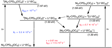 Energy diagram for Li+@C60⊂Ni2–CPDPy(OC6); broken arrow: minor pathway.