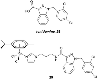 Lonidamine 28, and an example of a ruthenium(ii) arene–lonidamine hybrid 29 designed to inhibit cellular energy processes.