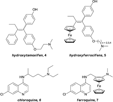 Clinically used organic drugs and ferrocene containing analogues.