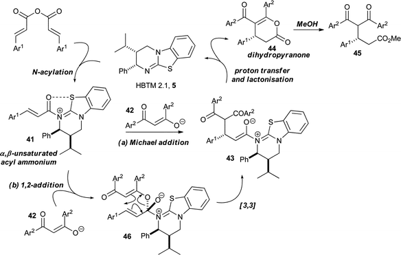 Proposed mechanisms of asymmetric dihydropyranone formation via (a) Michael addition–lactonisation or (b) 1,2-addition, [3,3]-rearrangement.