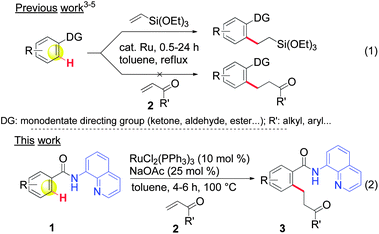 
          ortho-C–H bond alkylation of aromatic substrates with α,β-unsaturated ketones: monodentate vs. bidentate directing groups.