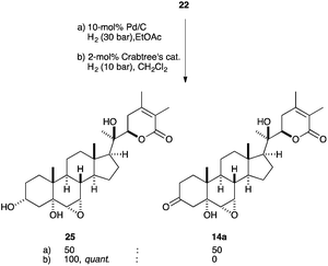 Hydrogenation of allylic alcohol 22.