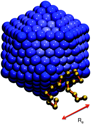 Snapshot of the model NP and a nearby polymer chain, which graphically shows that the NP size is commensurate with the chain size. The scale bar shows the mean end-to-end distance Re = 4.1σ at low T.