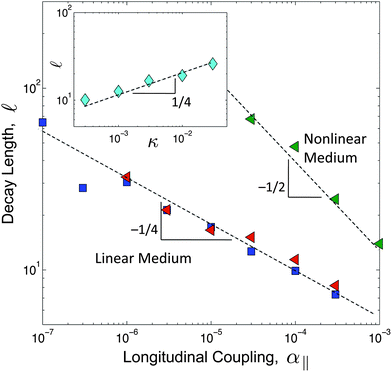 Numerical results of the decay length as a function of the longitudinal coupling parameter, α‖. The decay length is determined by fitting a decaying exponential to the envelope of the buckling profile. We used chains of length L = 1000, where the discretization scale is set as 0 = 1 and the energy scale is set such that κ = 0.1. The different datasets correspond to β = 0 (blue squares), β = 0.1 (red triangles) and β = 1 (green triangles). Both κ and α⊥ = 5 × 10−3 have been held fixed. The inset shows the decay length as a function of κ, where the energy scale has been chosen such that α⊥ = 5 × 10−6. The parameters α‖ = 2.5 × 10−6 and β = 0, have been held fixed.