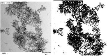 TEM image of X-SEED®100 without image processing on the left-hand side and after transformation into a binary image on the right-hand side. The resolution of the second image is 400 × 400 pixels.